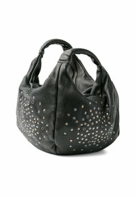 Borsa a mano in pelle nera con dettagli borchiati. Presenta una forma morbida, doppi manici e una chiusura con zip. Superficie testurizzata con accenti metallici.