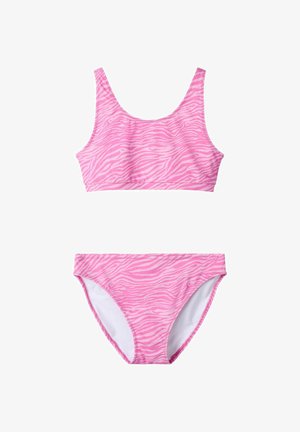 Two-piece swimsuit with pink and light pink zebra stripes, featuring a sleeveless scoop neck top and mid-rise bikini bottoms.