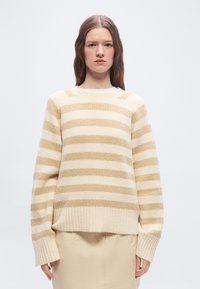 Γυναίκα με μακριά καστανά μαλλιά, φορ άει πουλόβερ πλεκτό με οριζόντιες ρίγες σε μπεζ και κρεμ αποχρώσεις και μπεζ φούστα, σε απλό λευκό φόντο.