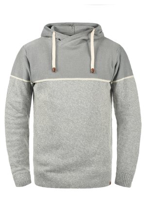 Gray hooded sweatshirt with a textured knit upper, smooth lower, contrasting cream stripe, and beige drawstrings with wooden accents.
