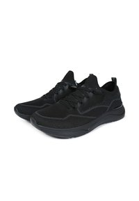 Schwarze Sportschuhe mit einem atmungsaktiven Mesh-Obermaterial, strukturierten Details, Schnürverschluss und einer gepolsterten Sohle für Komfort.
