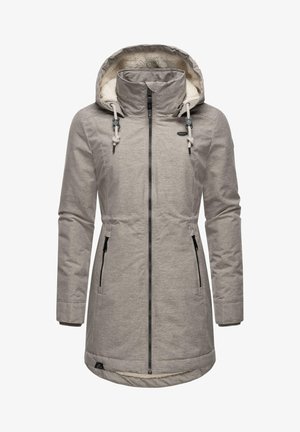 Cappotto lungo grigio con cappuccio, dotato di un morbido rivestimento interno, tasche con zip, dettagli con coulisse e una silhouette leggermente aderente.