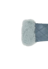 Fascia per la testa in pelliccia sintetica azzurro chiaro con un design trapuntato. La fascia ha un bordo morbido e soffice e una superficie liscia e opaca.