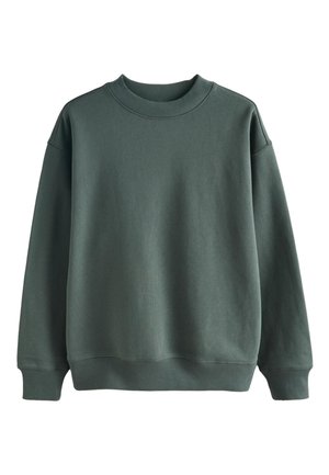 Felpa verde in cotone con collo tondo, polsini e fascia in vita a coste; presenta una texture semplice e liscia e una vestibilità comoda.