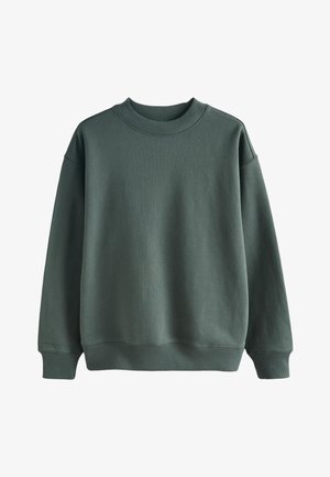 Felpa verde in cotone con collo tondo, polsini e fascia in vita a coste; presenta una texture semplice e liscia e una vestibilità comoda.