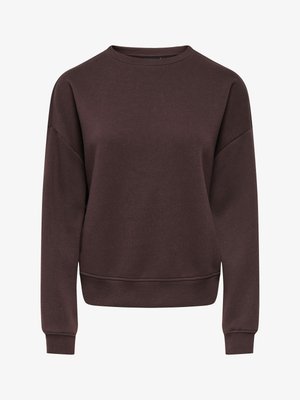 Sweat-shirt en molleton marron avec col rond, épaules tombantes, poignets et ourlet côtelés. Design simple, texture lisse, sans motifs.