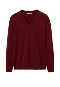 Pull col en V bordeaux en tissu tricoté, avec manches longues, poignets côtelés et ourlet extensible pour le confort et un bon ajustement.
