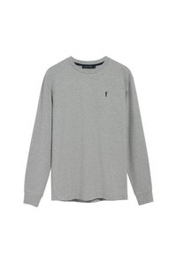 Grijze longsleeve met ronde hals, voorzien van een klein zwart logo op de linkerkant van de borst en geribbelde manchetten, gemaakt van zachte katoen.