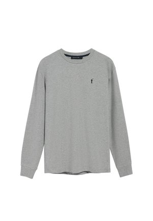Grijze longsleeve met ronde hals, voorzien van een klein zwart logo op de linkerkant van de borst en geribbelde manchetten, gemaakt van zachte katoen.