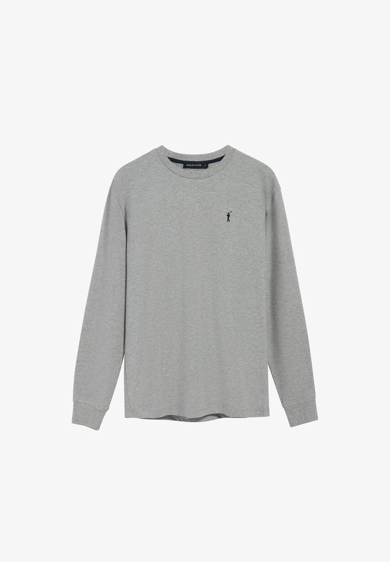 Grå långärmad tröja med rundad halsringning, med en liten svart logga på vänster bröst och ribbade ärmslut, tillverkad av mjukt bomullsmaterial.