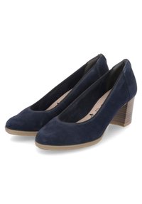 Scarpe con tacco alto in pelle scamosciata blu navy, con punta arrotondata e tacco in legno testurizzato. Interno con fodera liscia e un delicato dettaglio delle cuciture.
