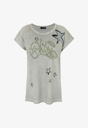 Graues kurzärmliges T-Shirt mit Graffiti-artigen Grafiken in Schwarz und Neonakzenten, mit Sternmotiven und lockerem, entspanntem Schnitt.