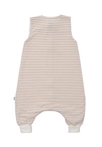 Gestreifter ärmelloser Baby-Overall in Beige und Weiß, aus weichem Stoff, mit elastischen Knöchelöffnungen und einem lockeren Schnitt.