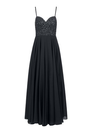 Sort aftenkjole med en tætsiddende perlekropp, hjerteformet udskæring og tynde stropper; flydende, gulvlang nederdel lavet af letvægtsstof.