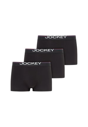 Drei schwarze Herren-Boxershorts mit breitem Bund, jeweils mit dem Markennamen "Jockey" in weißen Buchstaben.