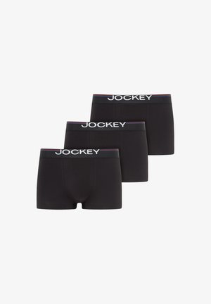Drei schwarze Herren-Boxershorts mit breitem Bund, jeweils mit dem Markennamen "Jockey" in weißen Buchstaben.