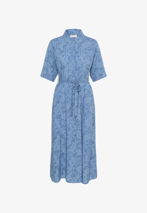 Hele sinine kleit lühikeste varrukatega, nööbiga kinnitamine ja vöökohtade jaoks sidumine. Kanga peal on peen lilleline muster.