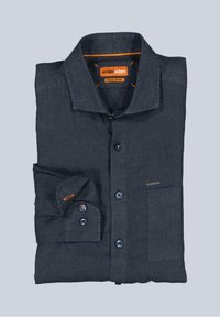 Dark blue long-sleeve regular fit shirt folded with buttons, a breast pocket, and an orange label inside the collar reading "emilio adani."