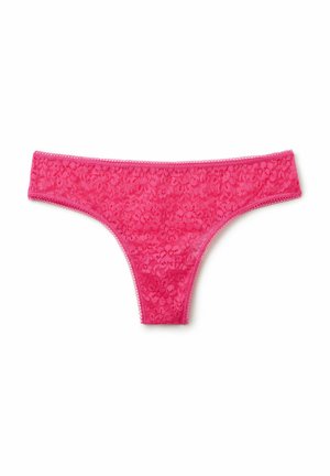 Roze kanten string met bloemmotieven, zachte textuur en een dunne tailleband met delicate rand.