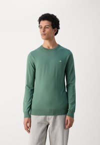 Groene trui met lange mouwen van lichte brei met een ronde hals. Heeft een klein geborduurd logo op de borst en geribbelde manchetten.