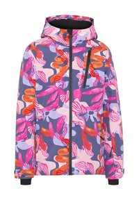 Bunte Kapuzenjacke mit einem auffälligen Blumenmuster in Pink, Orange und Lila auf dunklem Hintergrund. Enthält mit Reißverschlüssen versehene Taschen und Bündchen.