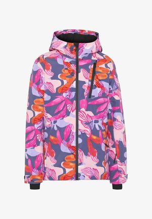 Bunte Kapuzenjacke mit einem auffälligen Blumenmuster in Pink, Orange und Lila auf dunklem Hintergrund. Enthält mit Reißverschlüssen versehene Taschen und Bündchen.