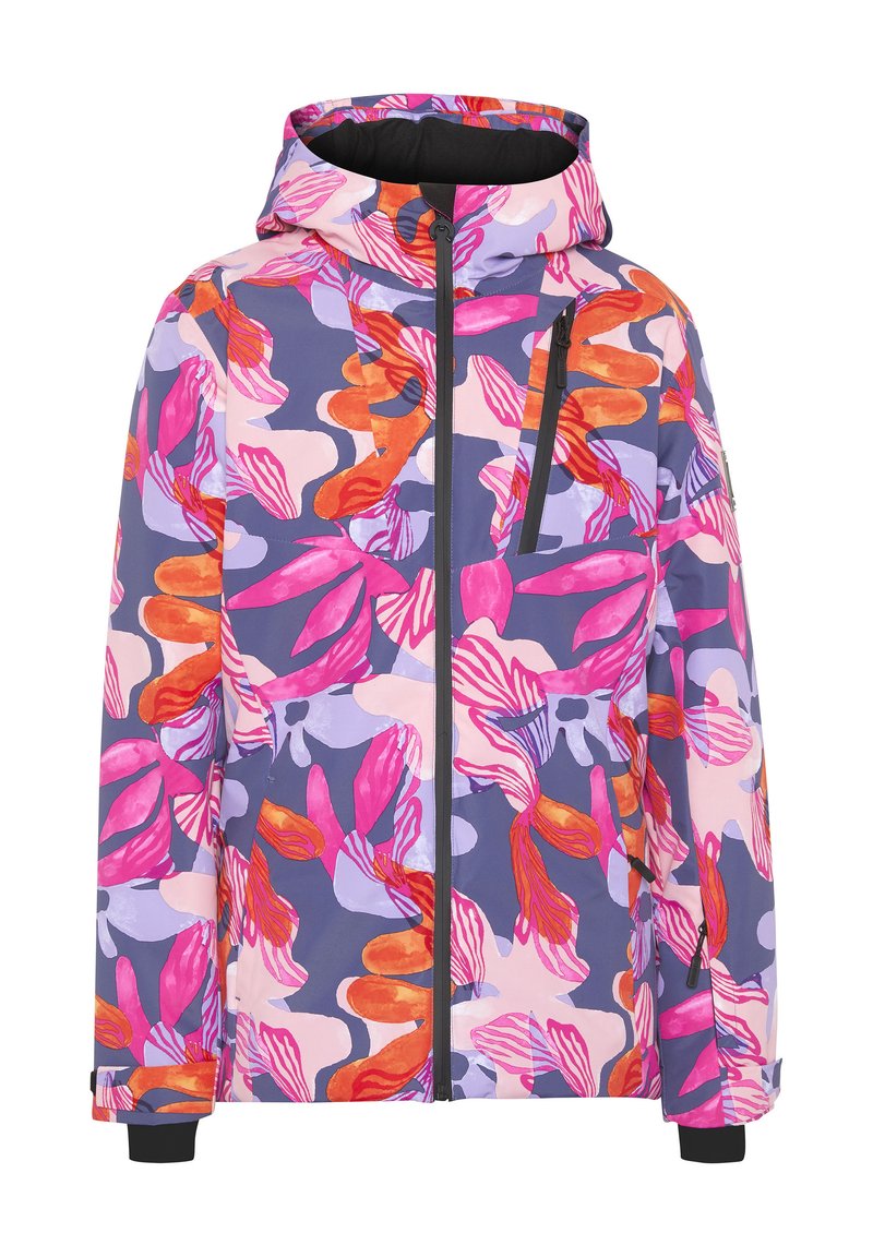Bunte Kapuzenjacke mit einem auffälligen Blumenmuster in Pink, Orange und Lila auf dunklem Hintergrund. Enthält mit Reißverschlüssen versehene Taschen und Bündchen.