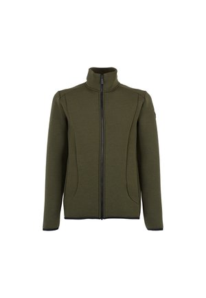 Olivgrön zip-up jacka med hög krage, texturerad tyg, två sidofickor och svarta accenter längs dragkedjan och fållen.