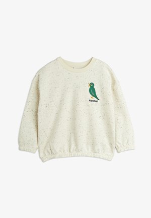 Fleece sweatshirts in crème met meerkleurige spikkels, geribbelde manchetten en zoom. Voorzien van een groene vogelborduring met de tekst "M. RODINI".