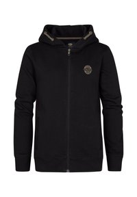 Zwarte rits-hoodie van zachte stof, met een voorzak, ribgebreide manchetten en een capuchon met trekkoorden. Inclusief een rond logo op de borst.