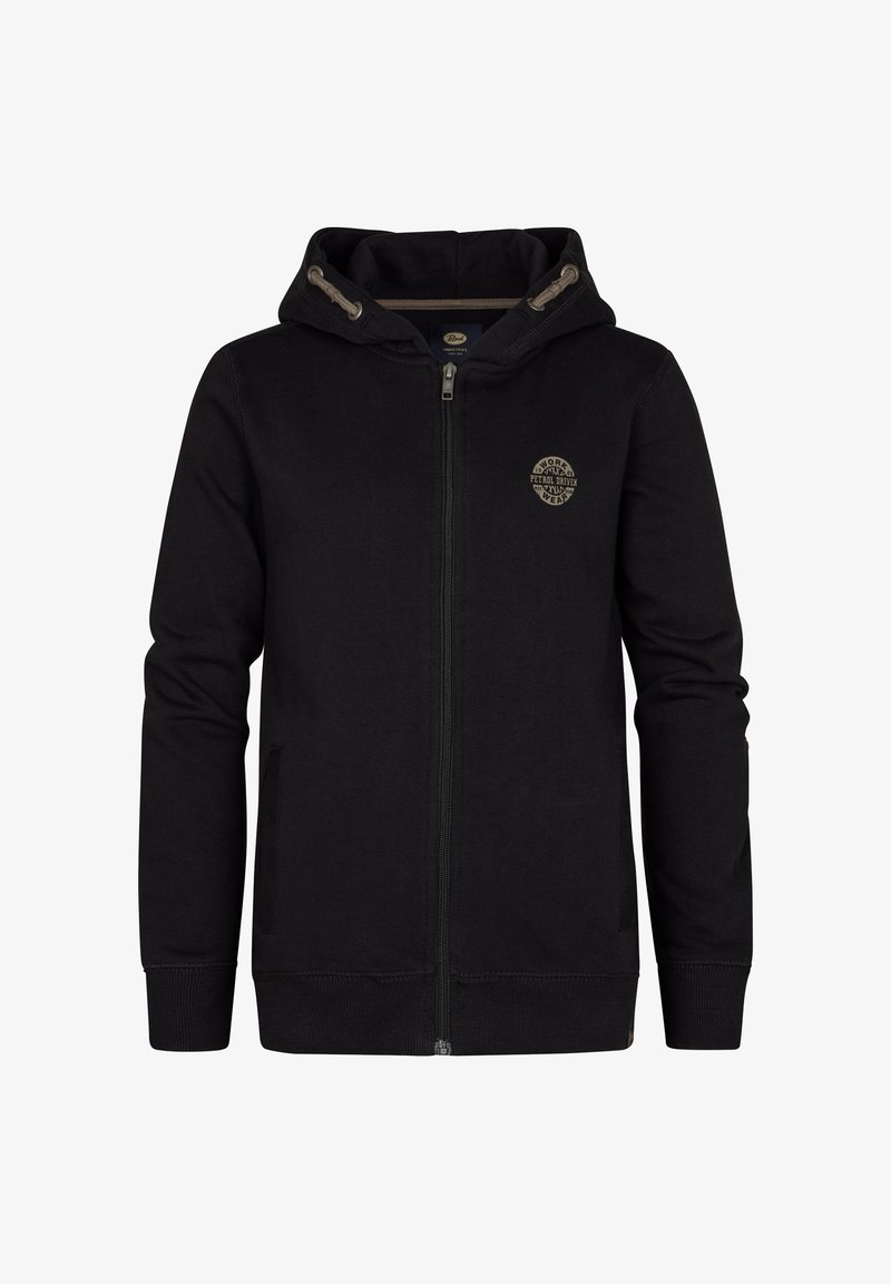 Zwarte rits-hoodie van zachte stof, met een voorzak, ribgebreide manchetten en een capuchon met trekkoorden. Inclusief een rond logo op de borst.