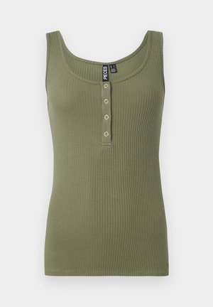 Olivengrønn ribbestrikket tanktop med rund hals og fem knapper foran. Myk tekstur og tettsittende design.