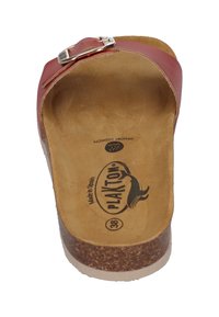 Red leather slide sandal with a silver buckle, cork midsole, and memory foam footbed. Made in Spain, size 38. Smooth interior texture.