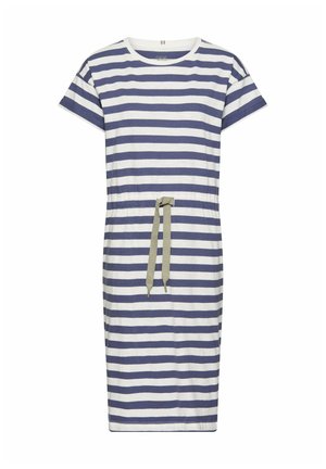 Kurzärmeliges, knielanges Kleid mit horizontalen marineblauen und weißen Streifen und einem verstellbaren olivgrünen Taillengürtel.