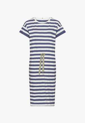 Kort mouw, knie-lange jurk met horizontale marineblauwe en witte strepen en een verstelbare olijfgroene taillekoord.