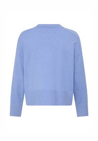 Pull bleu clair en tricot avec une coupe décontractée, des poignets et un ourlet côtelés. Il présente un col rond et une texture lisse. Vue de dos.