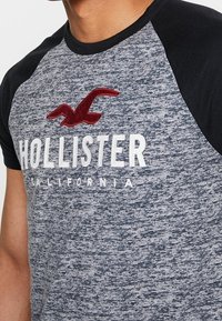 Harmaa ja musta lyhythihainen T-paita, jossa on teksturoitu kangas, pyöreä kaula-aukko ja brodattu punainen lintulogo, jossa on valkoinen "Hollister"-brändäys.