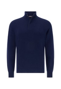Marineblauer Pullover aus weichem Stoff, mit einem halben Reißverschluss am Kragen und langen Ärmeln. Glatte Textur mit gerippten Bündchen und Saum.