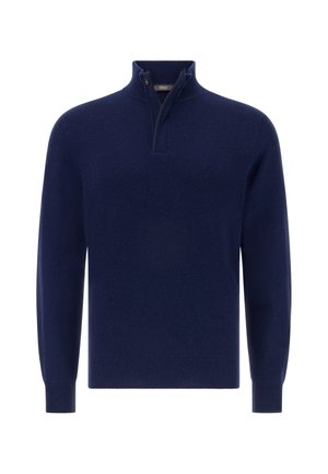 Granatowy sweter z pulowerem wykonany z miękkiego materiału, z kołnierzem na pół suwak i długimi rękawami. Gładka struktura z prążkowanymi mankietami i dolnym brzegiem.