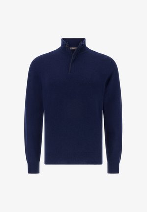 Marineblå pullover-sweater lavet af blødt stof, med krave med halvlængde lynlås og lange ærmer. Glat tekstur med ribbede manchetter og kanten.