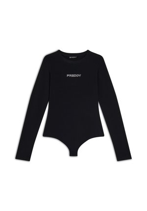 Body nero a maniche lunghe con scollatura rotonda e chiusura a scatto sul fondo. Presenta il logo "FREDDY" in argento sul petto.