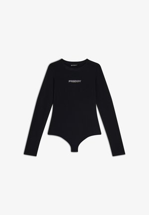 Body nero a maniche lunghe con scollatura rotonda e chiusura a scatto sul fondo. Presenta il logo "FREDDY" in argento sul petto.
