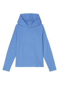 Ljusblå huvtröja med långa ärmar, ribbad textur och en bred, avslappnad passform. Har en djup frontficka och öppen huva.