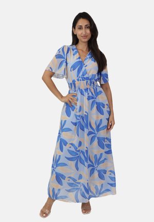 Abito maxi in tessuto blu chiaro, con motivo floreale in tonalità blu scuro e beige, maniche corte e vita elasticizzata.