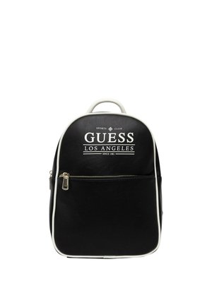 Zaino nero Guess con rifiniture bianche, tasca frontale con cerniera e logo "Guess Los Angeles Since 1981" sulla parte superiore frontale.
