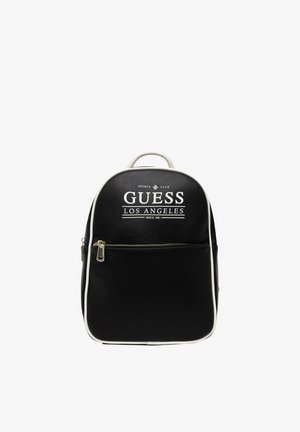 Zaino nero Guess con rifiniture bianche, tasca frontale con cerniera e logo "Guess Los Angeles Since 1981" sulla parte superiore frontale.