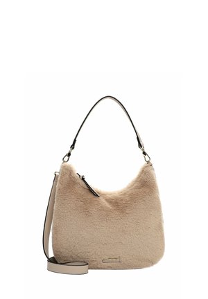 Sac à main en fausse fourrure beige de forme arrondie, bandoulière en cuir noir, accents en métal doré et poche zippée sur le côté.