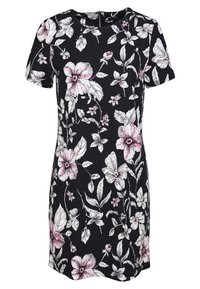 Květinové šaty s krátkým rukávem v černé barvě s bílými a růžovými květy. Disponují kulatým výstřihem a zipovými detaily na zádech.