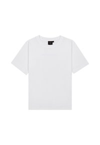 Witte katoenen t-shirt met een ronde halslijn, korte mouwen en subtiele lichtblauwe logotekst in het midden. Zachte textuur, standaard pasvorm.