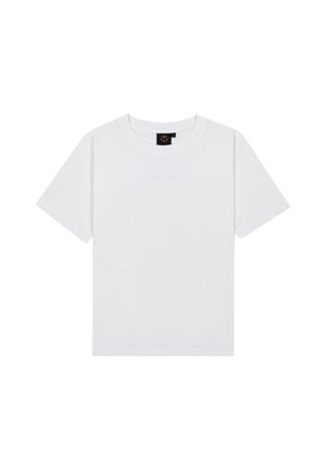 Witte katoenen t-shirt met een ronde halslijn, korte mouwen en subtiele lichtblauwe logotekst in het midden. Zachte textuur, standaard pasvorm.